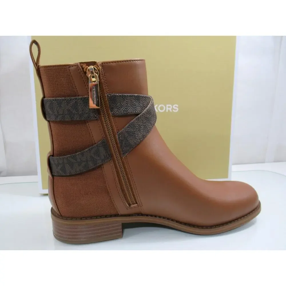 Michael Kors Rory Flat Bootie Ankle Boots MK Logo Hardware Luggage Size 8